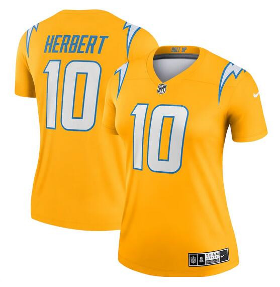 Women's Los Angeles Chargers #10 Justin Herbert Gold Stitched Football Jersey(Run Small) Women's Los Angeles Chargers #10 Justin Herbert Gold Stitched Football Jersey(Run Small)
